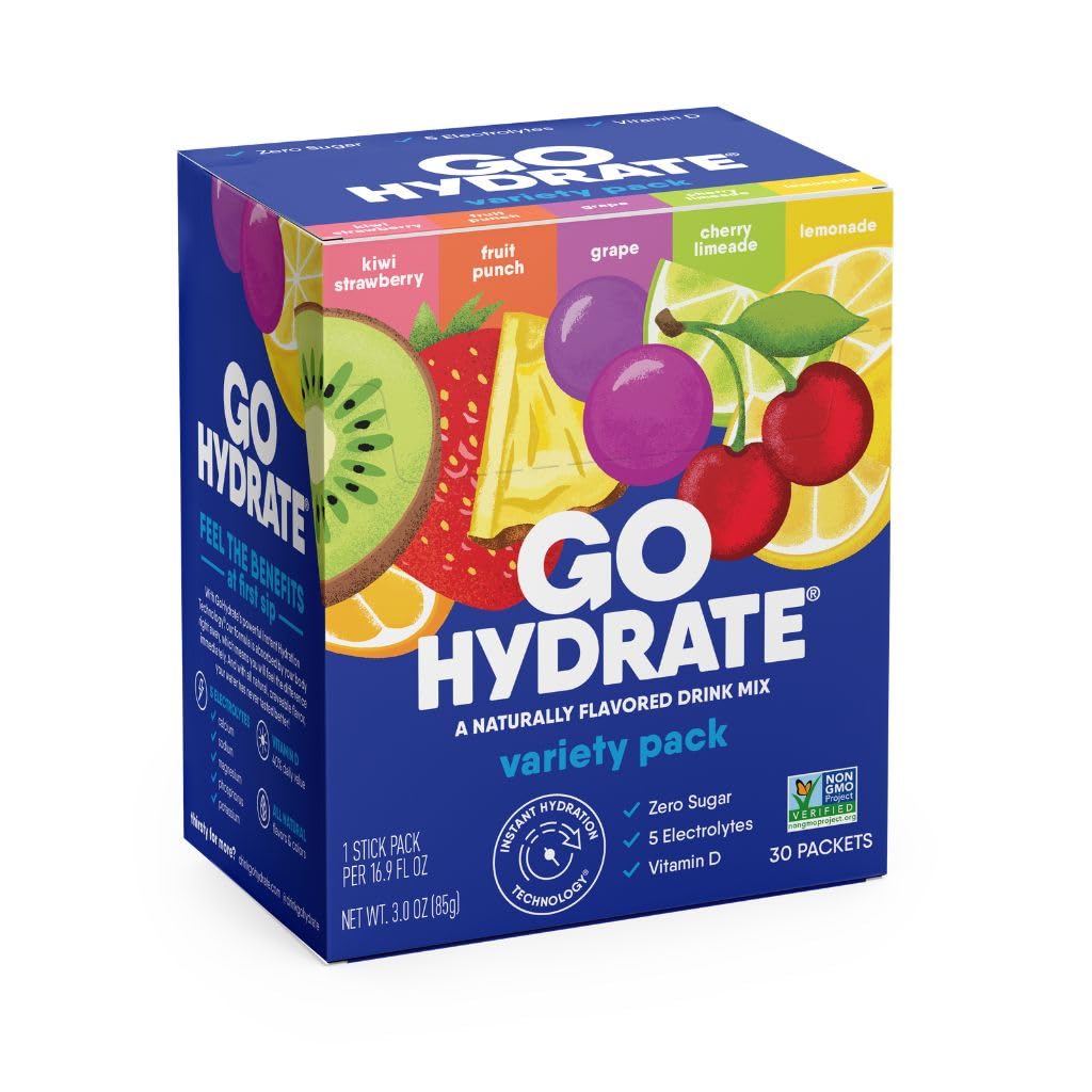 GoHydrate Low Sodium Electrolytes Powder Packets Sugar Free - Instant Hydration Daily Drink Mix - Zero Sugar Flavor Packet Singles with Vitamin D - (Variety Pack, 30 συσκευασίες)