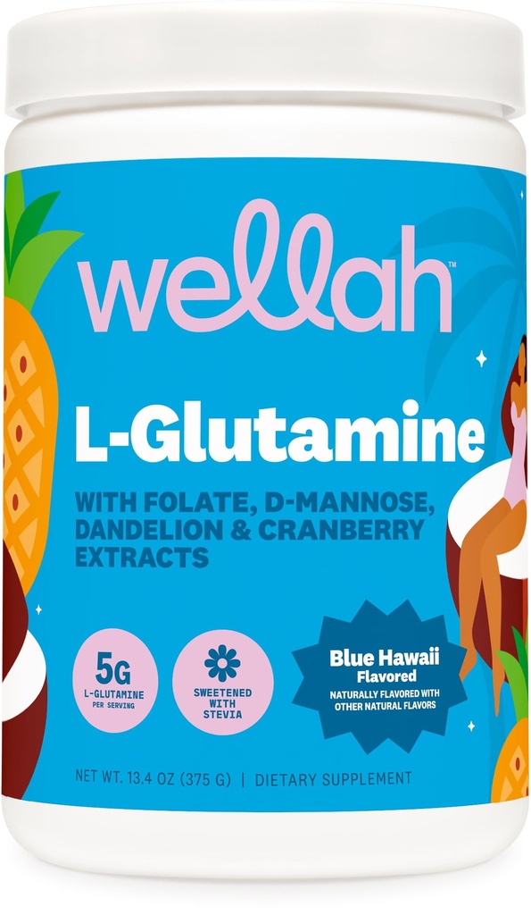 Wellah L-Glutamine Powder Blue Hawaii (50 Servings) - 5g L-Glutamine Per Serving, Sweetened with Stevia