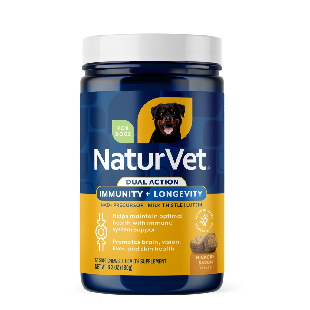 NaturVet Immunity + Longevity Dual Action Supplement for Dogs, Helps Support Immune Response & Cellular Health with NAD+ Precursor, Milk Thistle, Lutein, & Zinc, 60 Hickory Bacon Soft Chews