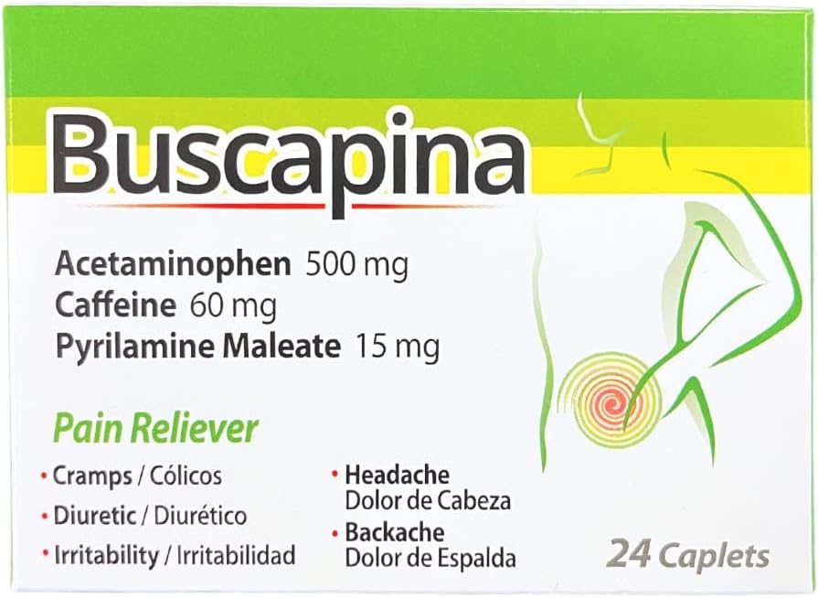 Buscapina Pain Relief Caplets – PMS, Cramps, Headaches, Bloating, Back & Common Pain – for Women and Men – Box with 24 Caplets