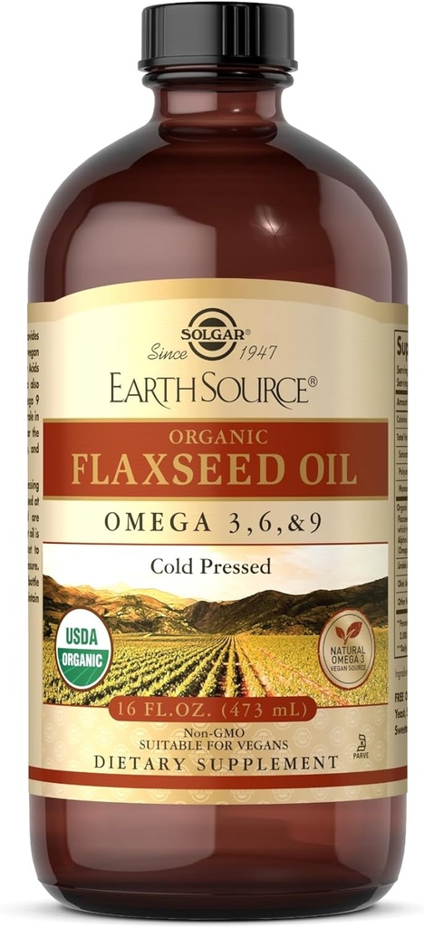 Solgar Earth Source Organic Flaxseed Oil - 16 fl oz - Cold Pressed - Omega 3, 6 & 9 - USDA Organic, Non-GMO, Gluten Free - About 31 Serviss