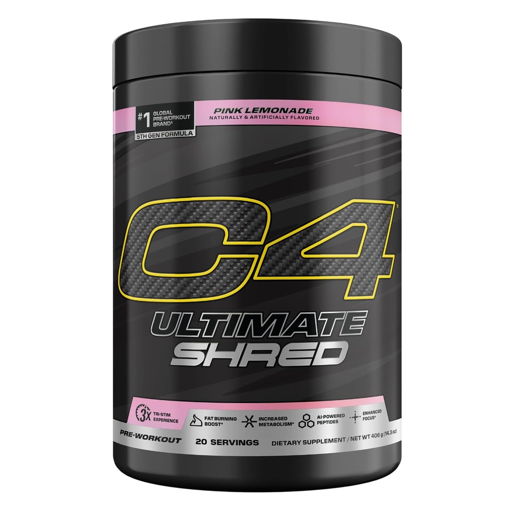 Cellucor C4 Ultimate Shred Pre Workout Toz, Metabolism Supplement with Cayenne Ekstraksiyon+300 mg Caffeine+TeaCrine+Dynamin - Pink Lemonade, 20 Servisler