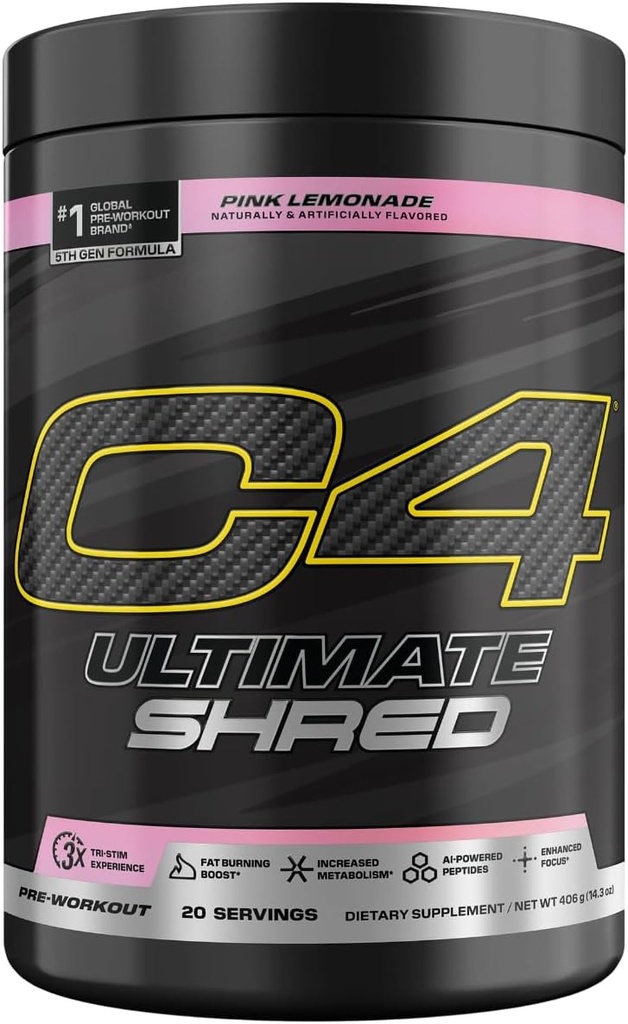 Cellucor C4 Ultimate Shred Pre Workout Toz, Metabolism Supplement with Cayenne Ekstraksiyon+300 mg Caffeine+TeaCrine+Dynamin - Pink Lemonade, 20 Servisler