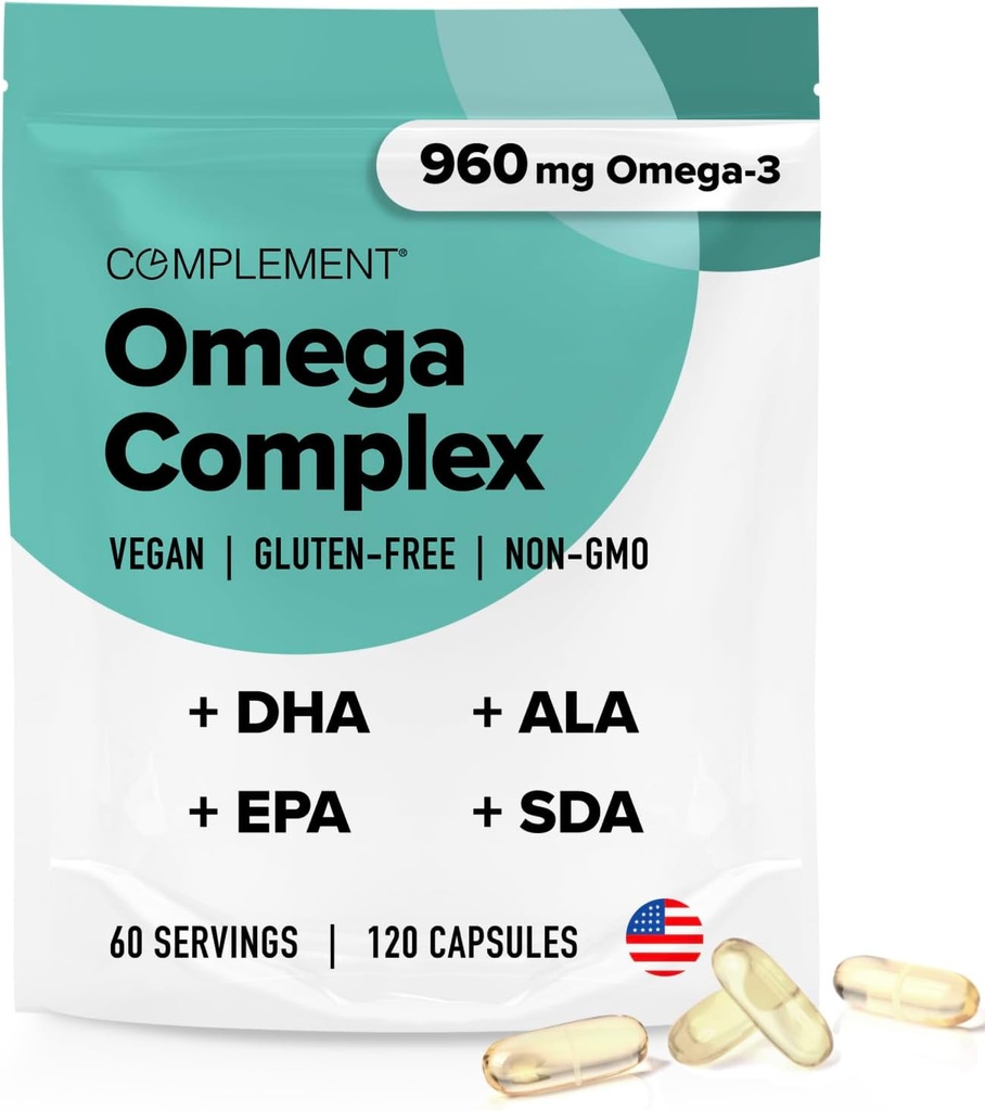 Complement Vegan Omega 3 Supplement- 960 mg Omega-3 Fatty Asits, DHA, EPA, SDA, ALA Supplement - Immune Support- 60 Servisler, 120 Liquid Capsules