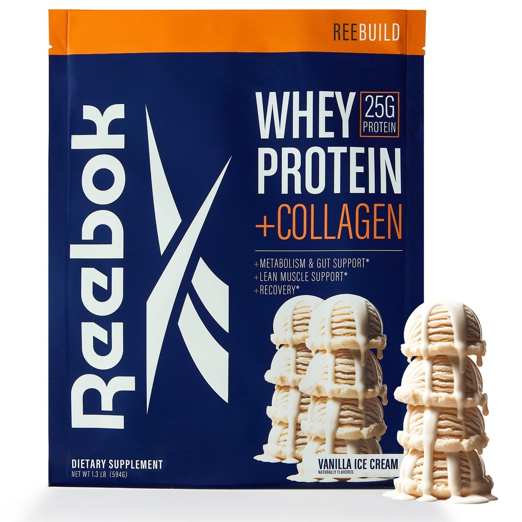 Reebok Whey proteini Toz + Collagen, | 9 Essentials | Muscle Recovery, Ortak & Gut Desteği | Bilgilendirilmiş-Sport sertifikalı | ReeBuild Vanilla Ice Cream Flavor, 1.3 lb
