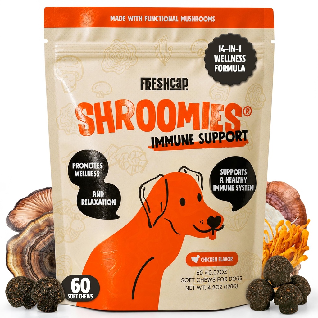 FreshCap Shroomies - Mushroom Chews for Dogs, 14 in 1 Turkey Tail Mushroom, Super Blend Mushroom Supplement for Dogs, Dog Immune Support, Calming Treats (60 Soft Chews)