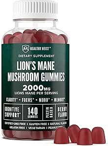 Lions Mane Mushroom Gummies for Yetişkinler, 140 Kont Bulk Lion's Mane Chewables, High Potency 10:1 Organik Tür 2000 mg, Supplement Supports mental Clarity, Focus, Mood ve Brain Fog