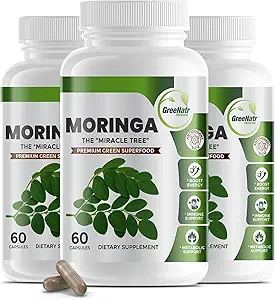 GreeNatr Pure Moringa Oleifera Leaf Extract Veggie Capsules 1000 mg. Natural Herbal Supplement. Energy, Mood, Memory and Focus Support. Premium Green Superfood (3 Bottles)