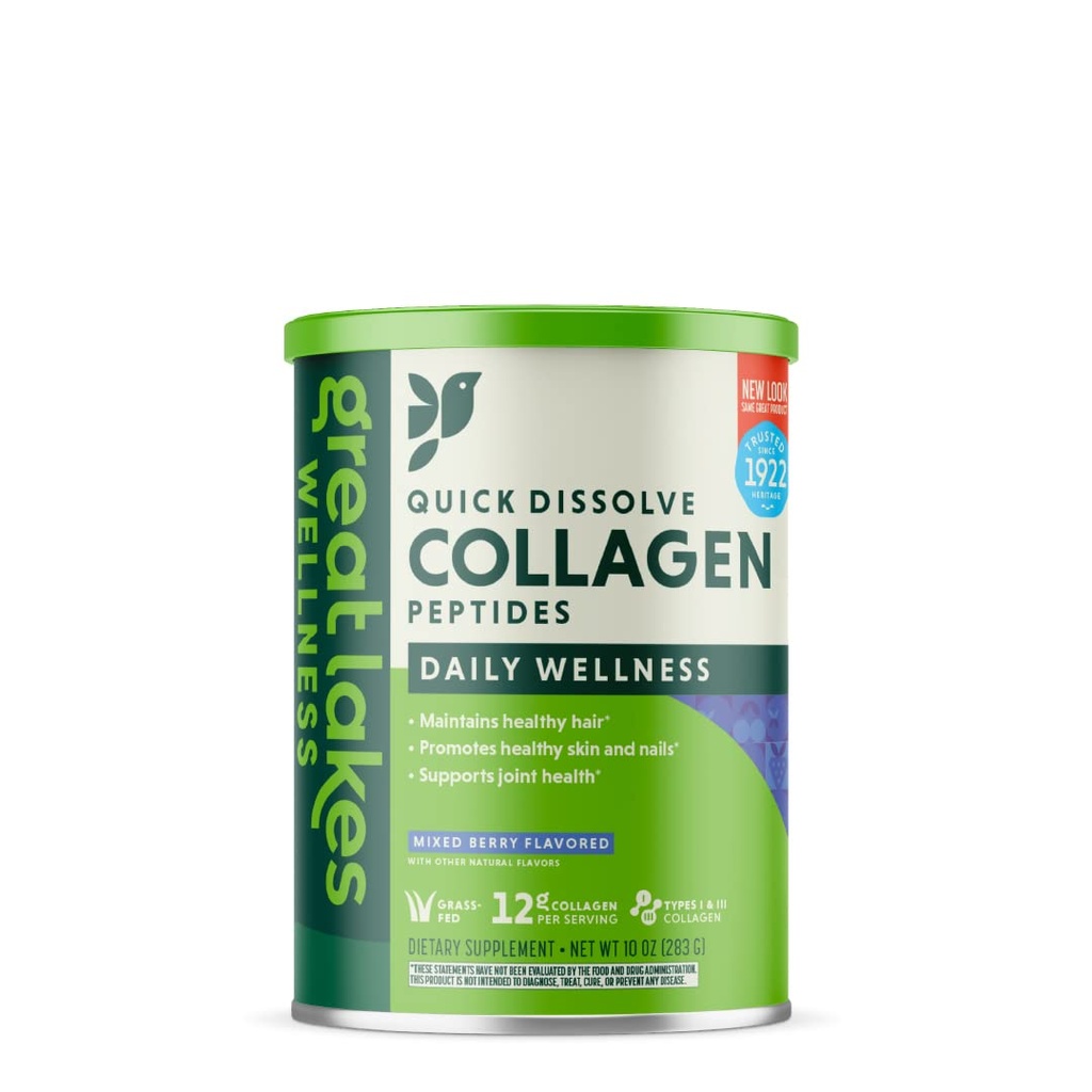 Great Lakes Wellness Collagen Peptides Peptides Powder Supplement for Skin Hair Nail Joints - Mixed Berry Flavored - Quick Dissolve Hydrolyzed, Non-GMO, Gluten-Free, No Preservatives, Hanal - 10 oz Canister