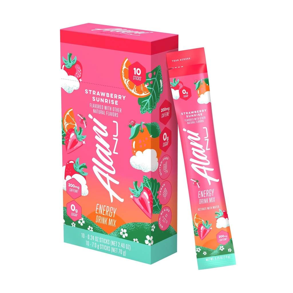 Alani Nu STRAWBERRY SUNRISE, Energy Sticks Drink Powder, 200mg Caffeine, Pre Workout Performance with Antioxidants, On-The-Go Drink Mix, Biotin, B Vitamins, Zero Sugar, 20 Calories, 10 Pack