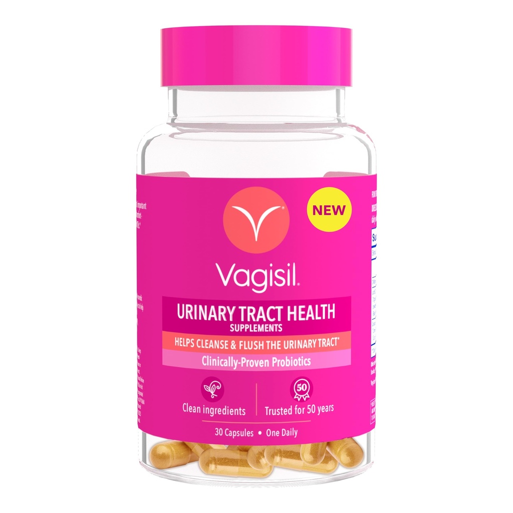 Vagisil urinary Tract Health Supplements, Clinically-Proven Probiotics, Προστατεύει την υγεία των ουροφόρων οδών, Καθαρά συστατικά, βοηθά τον καθαρισμό και την έκπλυση UTI-Causing βακτήρια, 1 κάψουλα καθημερινά, 30 κάψουλες