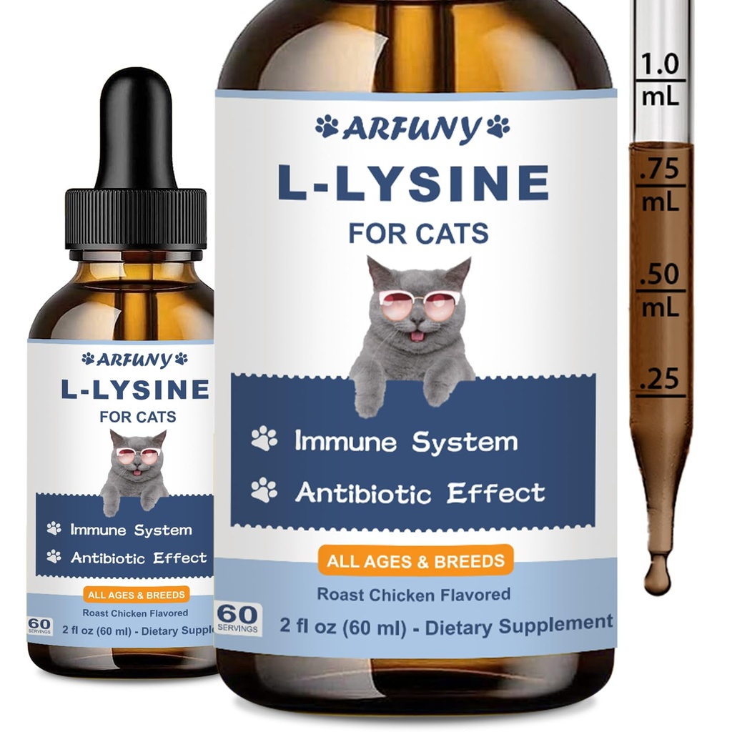 Cats için L-Lysine Supplement - Immune Support - 60ML Feline Respiratory, Sneezing, Runny Nose, Eye Function - Natural Cat Antibiyotik Drops - Roast Chicken Flavor