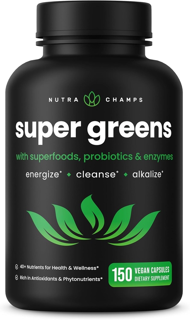 NutraChamps Organik Süper Yeşiller Capsules - Alfalfa, Spirulina, Chlorella & More - Antioxy, Digestive Enzyme & Probiyotik Mixs - 150 Green Superfood Capsules