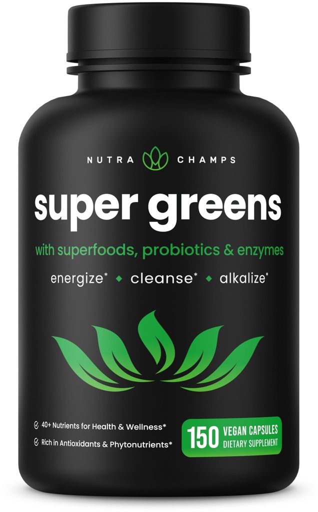 NutraChamps Organik Süper Yeşiller Capsules - Alfalfa, Spirulina, Chlorella & More - Antioxy, Digestive Enzyme & Probiyotik Mixs - 150 Green Superfood Capsules
