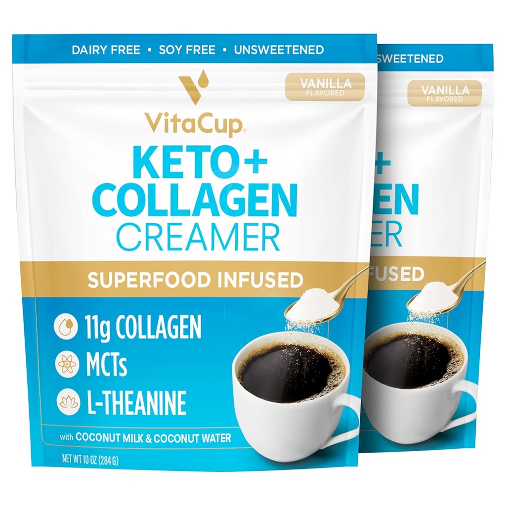 VitaCup Keto + Collagen Coffee Creamer Vanilla Flavor w/MCT, Πρωτεΐνες κολλαγόνου, Νερό καρύδας, L-Θεανίνη για Keto Diet, Καφέ, Smoothies, & Shakes, Χωρίς γαλακτοκομικά, Χωρίς γλουτένη, Χωρίς σόγια, 2 σακούλες,10oz το καθένα