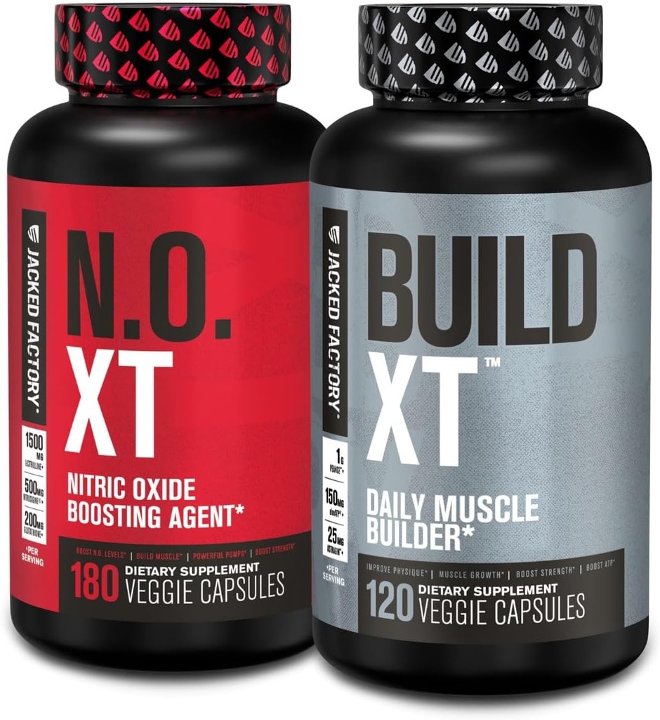 Jacked Factory Muscle Builder Supplement Stack - Build-XT Muscle Builder & N.O. XT Nitric Oxide Booating Agent for Dual Support (60 Day Supply)