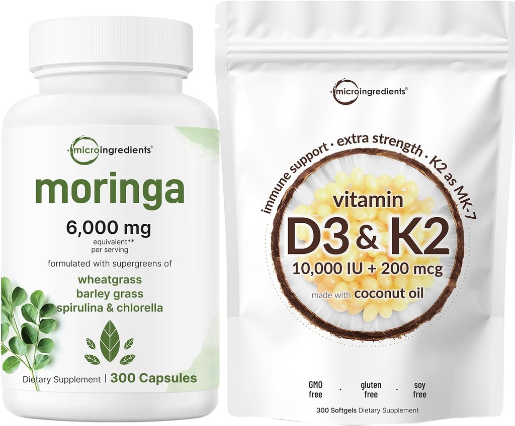 Mikro Malzemeler D3 10.000iu + K2 200 mcg Coconut Oil Softgels & Moringa Oleifera 6.000 mg Equivalent 300 Capsules Sche 2 Pack | Essential Sunshine Vitamins | Antioxy Supplement