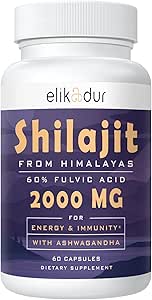 2000 MG Shilajit Supplement,Shilajit Giyim Organik,Shilajit Capsules,% 100 Pure Shilajit 85+ Trace Minerals & 60 Fulvic Acid,Boost Energy & Immunity,Vegetarian, Natural,60 Capsules