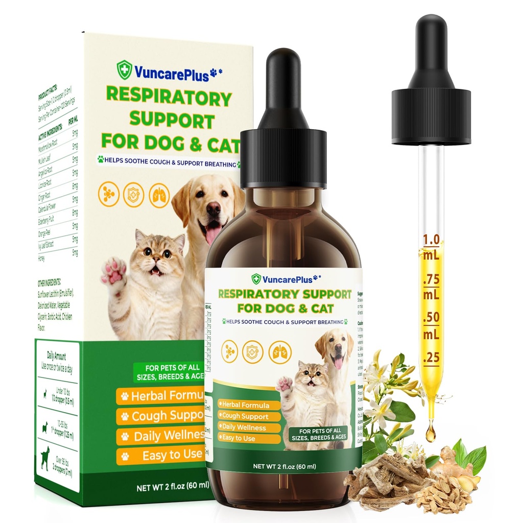 Dog Cough & Respiratory Support Drops for Dogs & Cats, Herbal Throat Comfort & Clear Breathing Supplement, Chicken Flavor, 2 fl oz