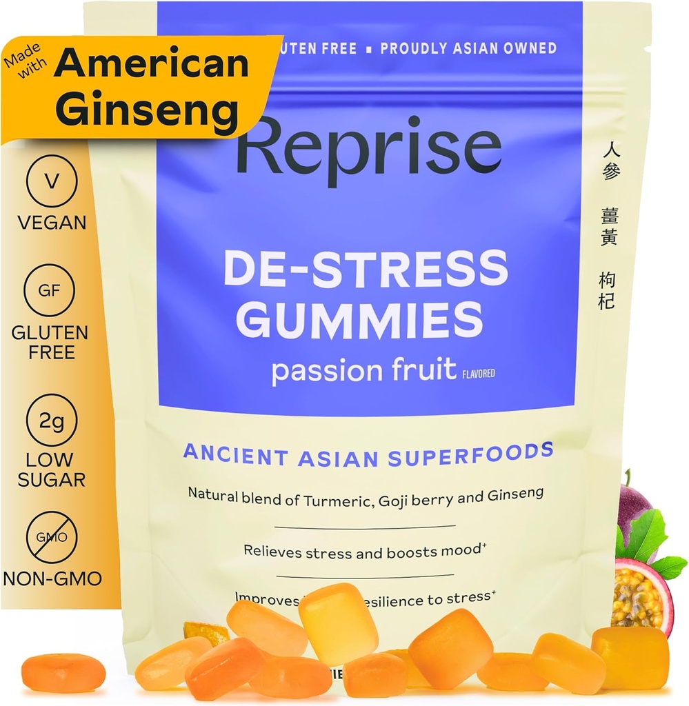 De-Stress Gummies με American Ginseng, Turmeric, και Goji - Βοήθεια με το άγχος ανακούφιση & Mood Boost, Όλα-Φυσική χαλάρωση, Χαμηλή Σούγκαρ, 45 Vegan Gummies, Πάθος Φρούτα (45 Gummies (Pack of 1))