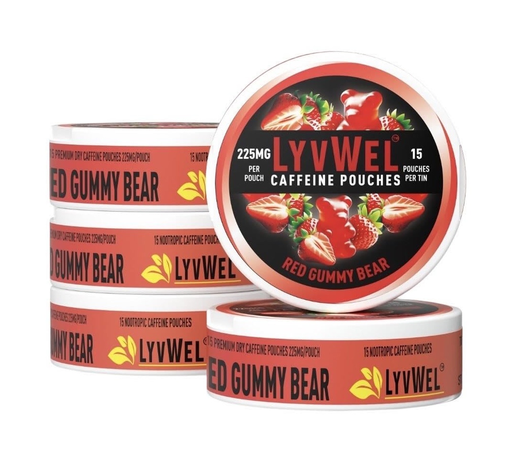 LyvWel 225mg Caffeine Pouches, Guarana-Powered Energy Pouches, Nootropic Pouches, Nicotine Free Pouches & Tobacco-Free (5 Pack, Red Gummy Bear)
