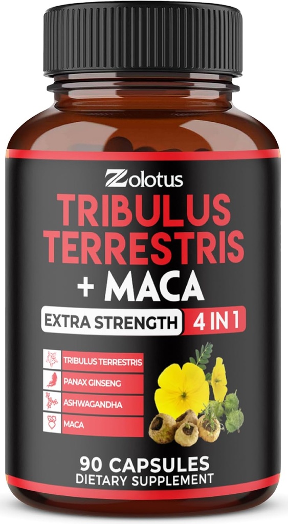 Zolotus Premium Tribulus Terrestris Capsules - Ashwagandha, Panax BTC & Maca - 3 Ay için 90 Sayı