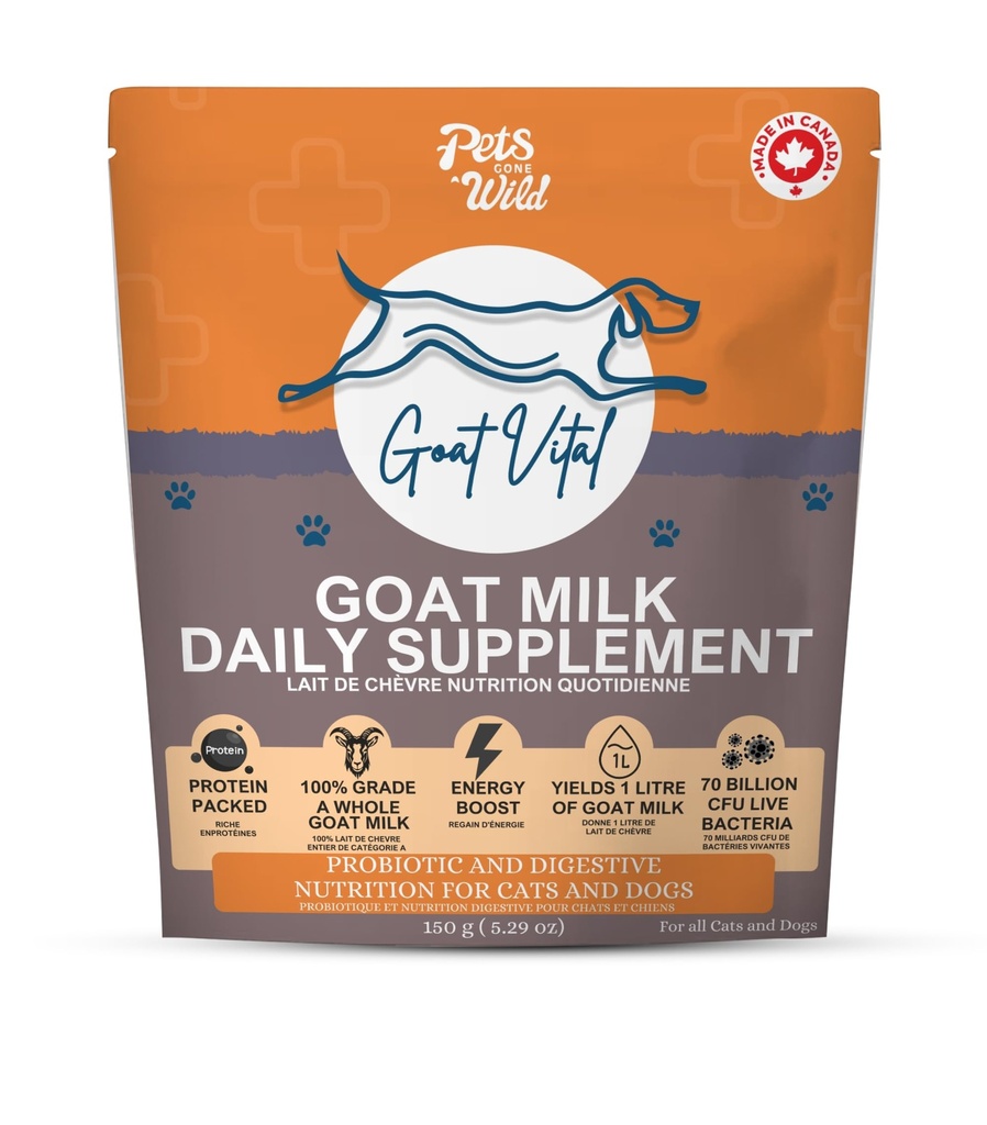 Pets Gone Wild Goat Milk Powder with 70 Billion Probiotics for Digestive & Immune Support | Use as Milk or Food Topper for Dogs & Cats of All Breeds, Sizes & Ages | Made in Canada | 150g (5.29 oz)