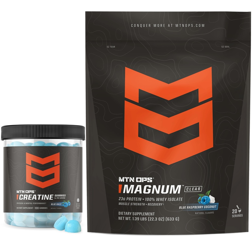 MTN OPS Creatine Gummies & Magnum Clear Blue Raspberry Coconut Whey Protein Isolate Bundle