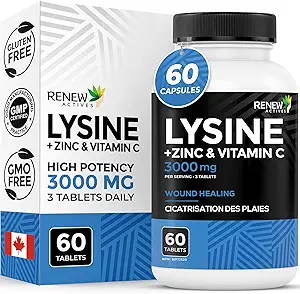 Renew Actives L-Lysine 1000 mg per Serving with Zinc & Vitamin C – Υποστηρίζει την Ανοσολογική Λειτουργία, Σχηματισμός Κολλαγόνου, Αντιοξειδωτική Υποστήριξη, & Υγιεινό Δέρμα, Μαλλιά, & Καρφιά – Κατασκευασμένο στον Καναδά – 60 Tablets