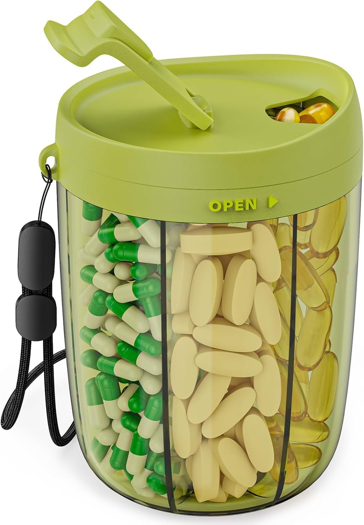 PULIV Büyük Pill Şişe Organizer, Holding 6 Çeşitli Vitaminler, Pill Box Case with Anti-Mixing & Wide Open Design, Easy to Meds and 20 Apples Stick-on Etiketler, Green