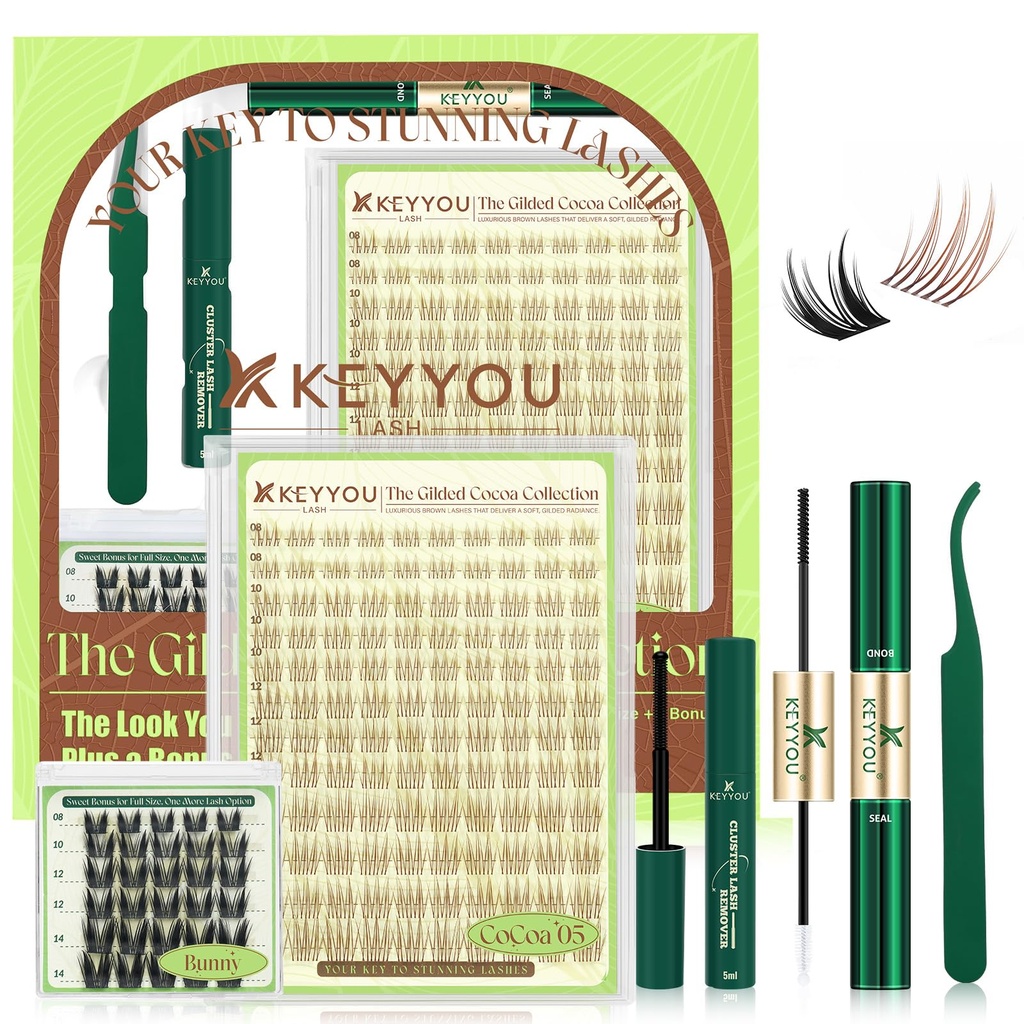 KEYYOU Brown Aurora Bonus Black Bunny Lash Clusters Kit Home Salon Quality | 150pcs C Curl 8-16/8-14MIX,with Bond and Seal,Remover,Applicator,Natural Wispy Idol Style Perfect for Parties&Office Days