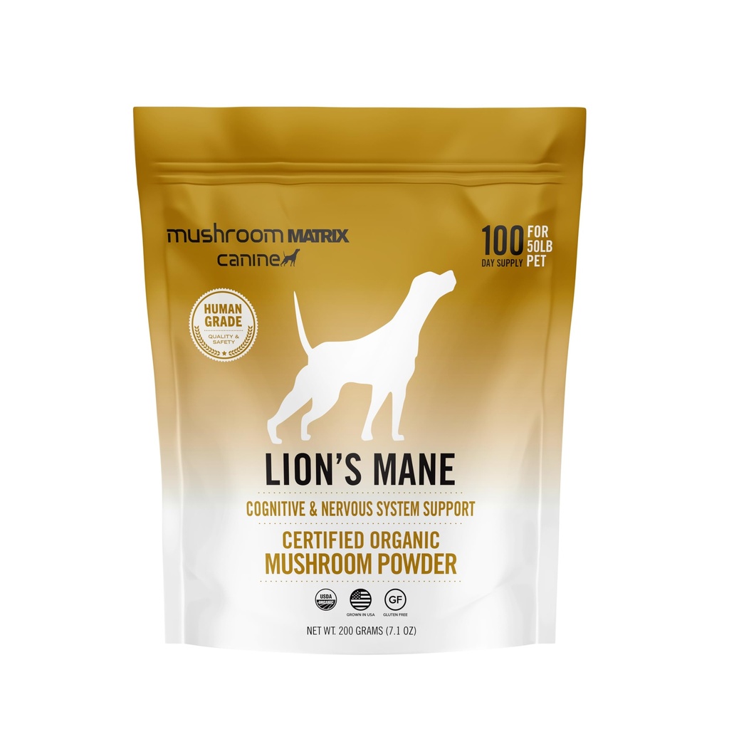 Om Mushroom Matrix Lion’s Mane Mushroom Powder Pet Supplement, Provides Cognitive Support & Holistic Digestive Support for Dogs & Cats, 200 Grams, 7.1 oz