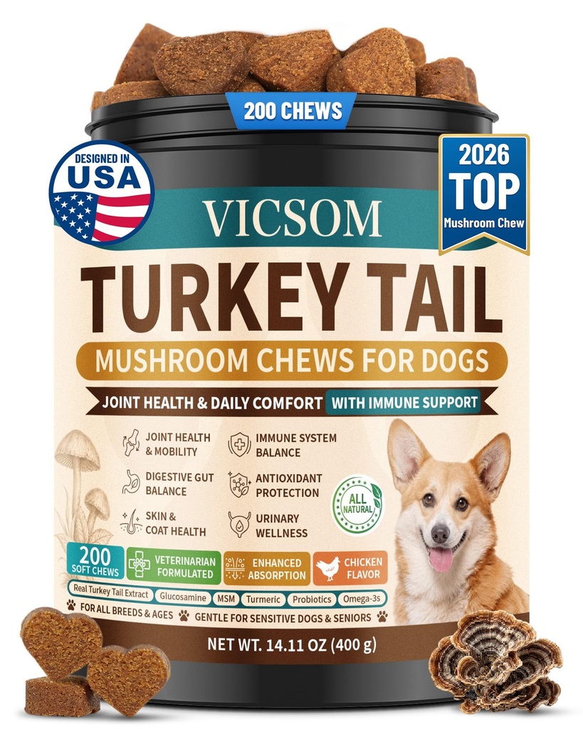 Turkey Tail Mushroom for Dogs, Turkey Tail for Dogs, Mushroom Chews for Dogs 200 Soft Chews Buddy Dog Joint Supplement with Probiotics, Immune & Digestive Supports for Seniors Guard, Chicken Flavor