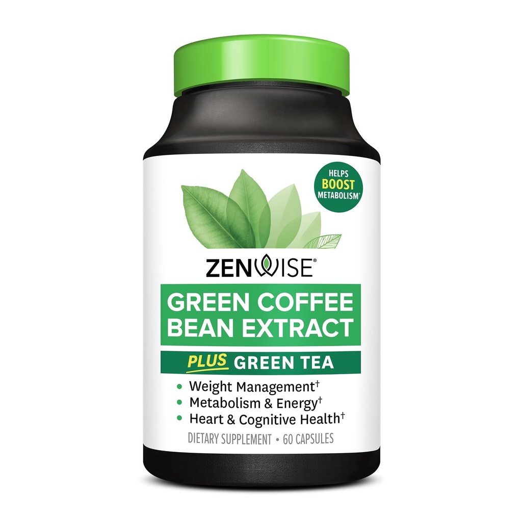 Zenwise Health EGCG Green Tea Extract Capsules with Coffee Bean Extract -% 50 EGCG + 98 Polyols Supplement - Yeşil Pills for Skin and Heart Support + Brain Health and Memory Boost - 60 Count