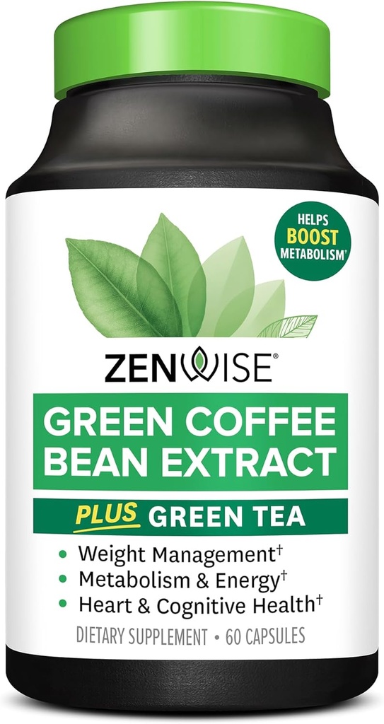 Zenwise Health EGCG Green Tea Extract Capsules with Coffee Bean Extract -% 50 EGCG + 98 Polyols Supplement - Yeşil Pills for Skin and Heart Support + Brain Health and Memory Boost - 60 Count