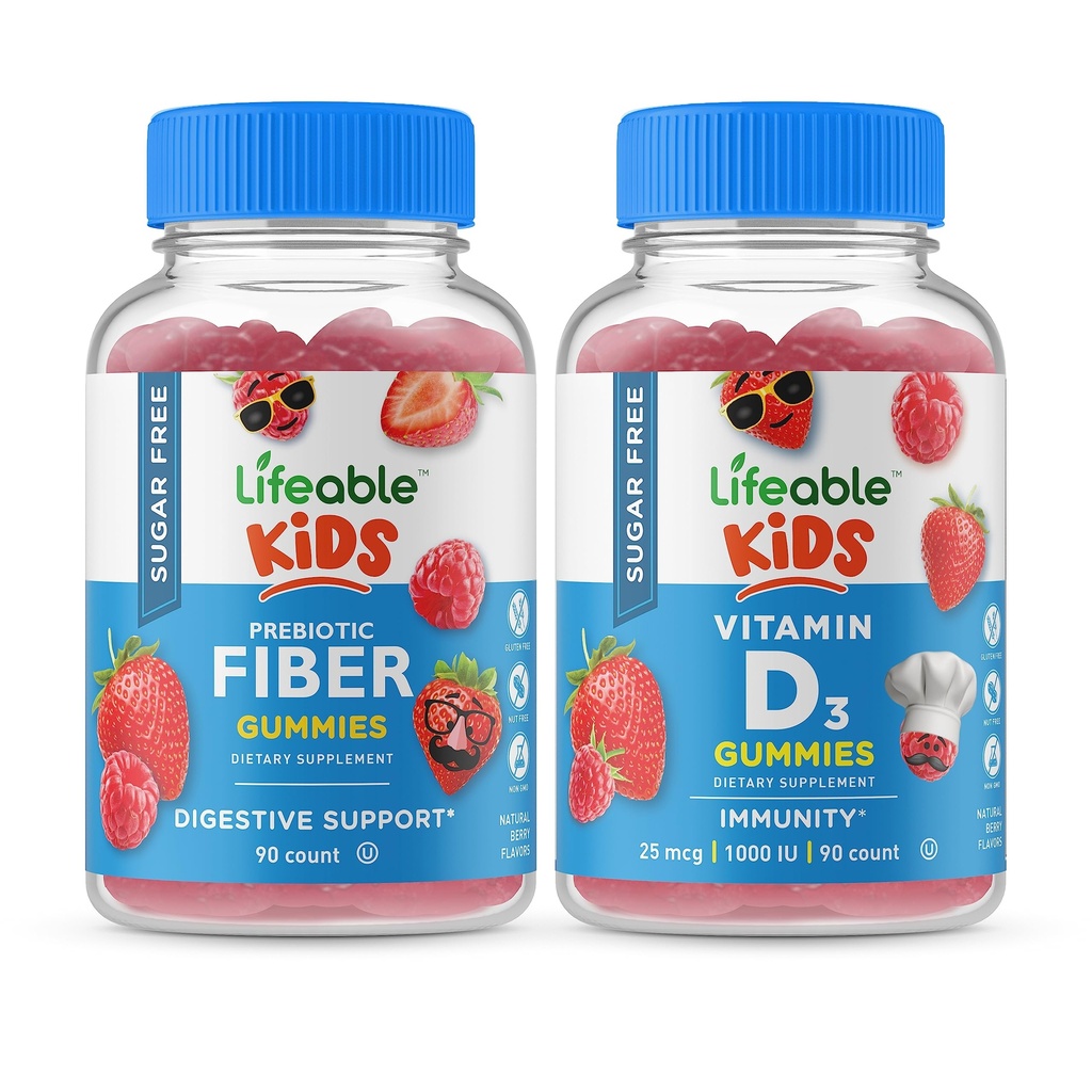 Lifeable Sugar Free Preciotic Fiber Kids + Vitamin D Kids, Gummies Sche - Great Tasting, Vitamin Supplement, Gluten Free, GMO Free, Chewable Gummy