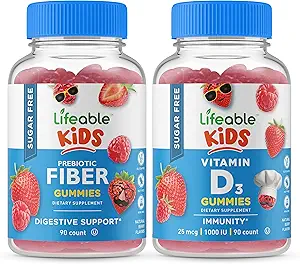 Ζωηρό χωρίς ζάχαρη Preciotic Fiber Kids + Vitamin D Kids, Gummies Bundle - Μεγάλη γεύση, συμπλήρωμα βιταμινών, χωρίς γλουτένη, GMO δωρεάν, Μασώμενα Gummy