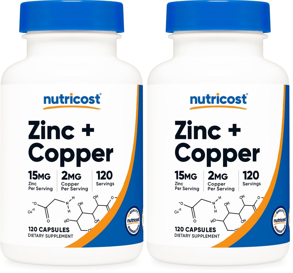 Nutricost Zinc + Copper Capsules (120 Servings)(15MG Zinc + 2MG Copper Per Serving) - Non GMO, Vegetarian (Pack of 2)