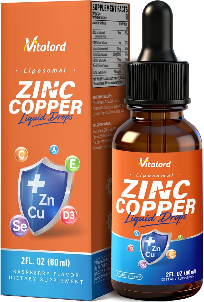 Zinc Copper Selenium Liquid Drops Supplements, 50mg Liposomal Zinc Picolinate Chelate with Copper Bisglycinate for Men & Women, Immune Support, Thyroid & Skin Health, Vegan, Raspberry Flavor, 2 FL OZ