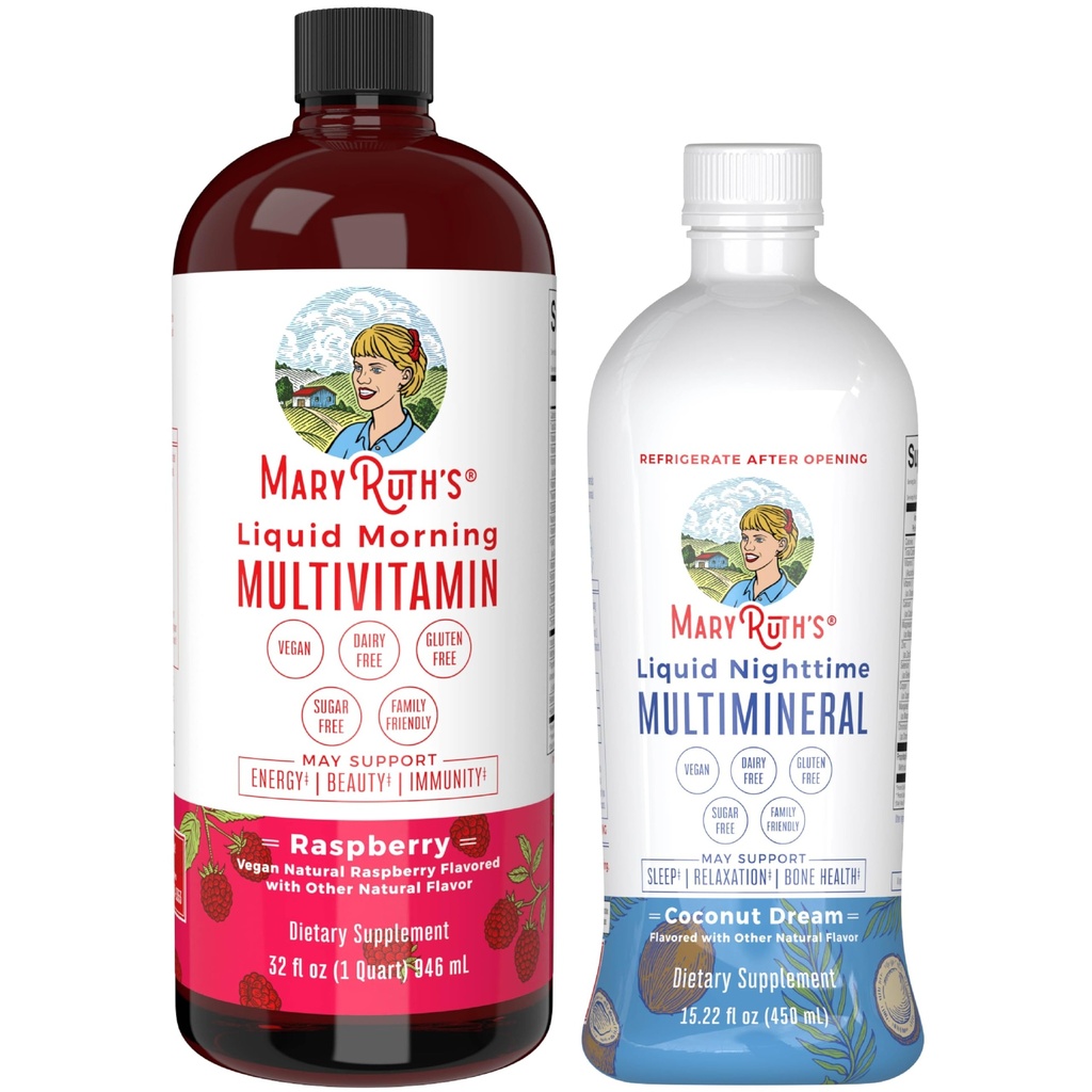MaryRuth's Liquid Morning Multivitamin Raspberry (32oz) & Liquid Nighttime Multimineral Coconut (15.22oz) 