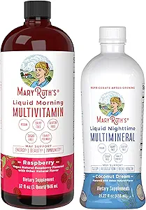 MaryRuth's Liquid Morning Multivitamin Raspberry (32oz) & Liquid Nighttime Multimineral Coconut (15.22oz) 