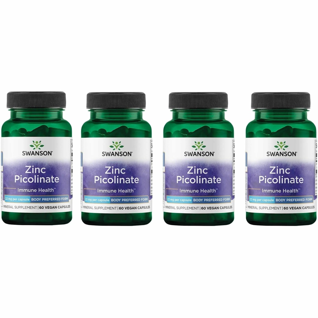 Swanson Zinc Picolinate Chelated Mineral Supplement for Adults Seeking Immune, Vision, and Prostate Support - Body-Preferred Form - 22 mg (60 Vegan Capsules, 4 Pack)