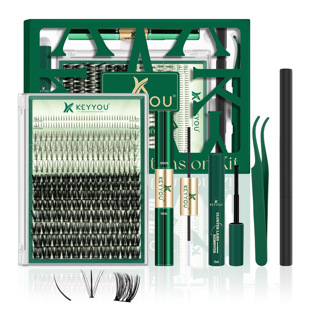 KEYYOU Lash Extension Kit Mixed 5-16mm Eyelash Extension Kit with Bottom Lashes Multi-Type Lash Clusters with Bond and Seal Applicator and Remover DIY at Home