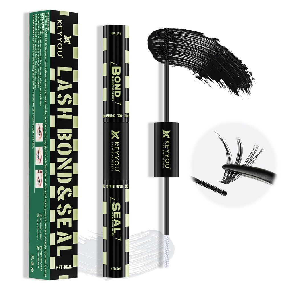 KEYYOU Lash Bond and Seal Black Bond and Seal Lash Glue 10ML Latex-Free Lash Cluster Glue Mascara for Long Lasting WaterProof Lash Extension Black-5ml+5ml