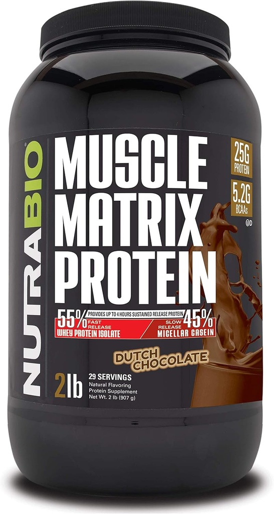 NutraBio Kas Matrix Protein Tozu - Protein Per Scoop 25g - Whey Isolate ve Micellar Casein Combo for Fast and Slow release - Dutch Chocolate - 2 Pounds, 28 Servisler