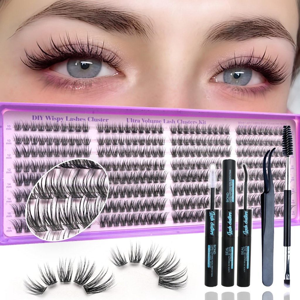 Wispy Lash Clusters Kit, Natural Lash Cluster Eyelash Extensions 320 Pcs C Curl 10-16mm Individual Fluffy False Eyelashes Thin Band DIY Kit for Beginners at Home with Bond Seal Tweezers Brush