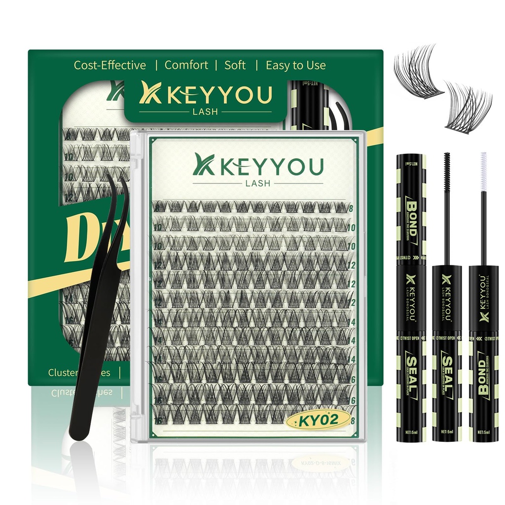 KEYYOULASH Lash Clusters Kit Thick 120pcs 8-18MIX Lash Extension Kit Volume Lash Clusters with Bond and Seal,Remover,Applicators for DIY Eyelash Clusters at Home (KY02 Kit)