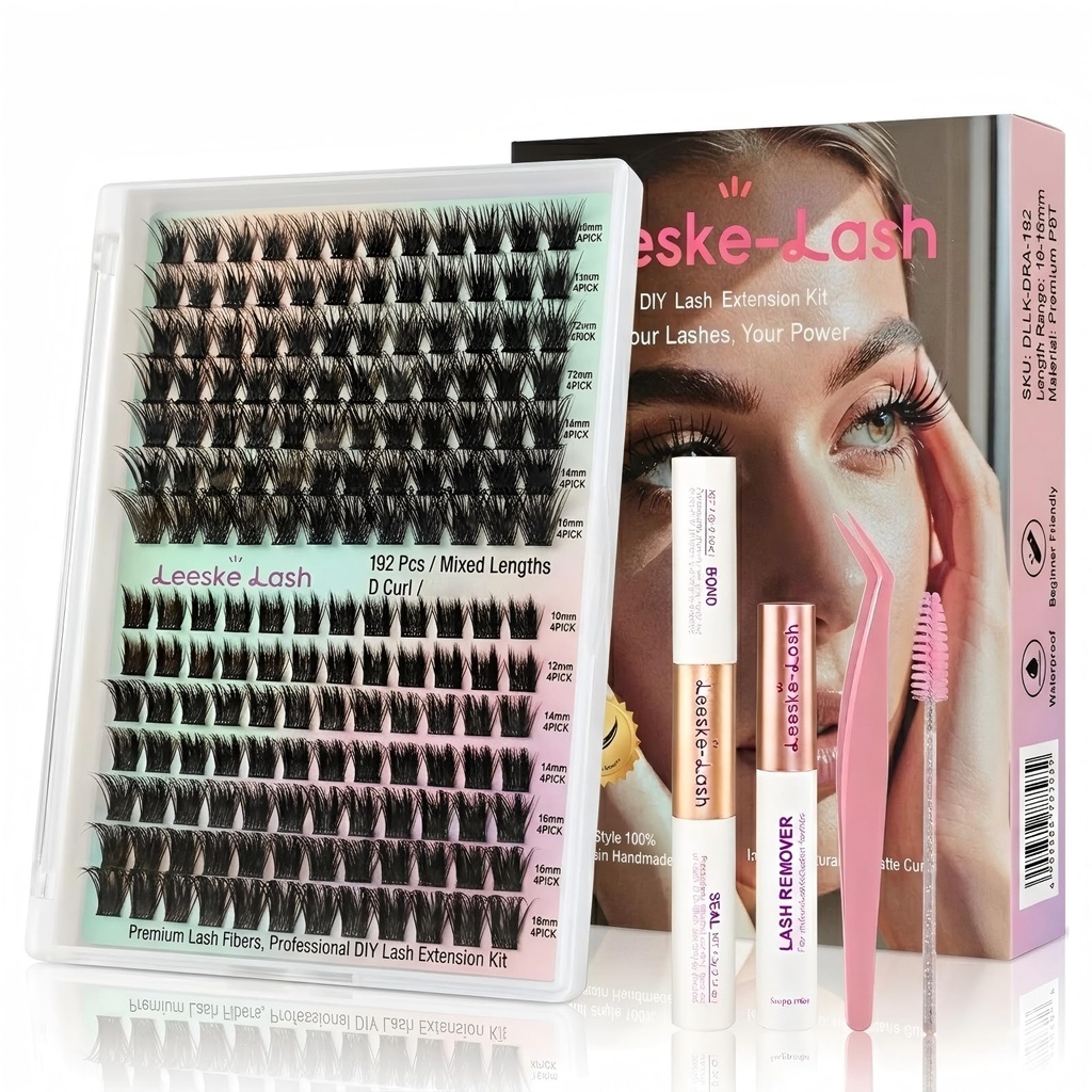 Lash Clusters Kit 192Pcs, Fairy D Curl Wispy Individual Eyelash Extensions with Bond and Seal Remover Tweezers, Natural Invisible Band DIY Fluffy Cluster Lashes Pack (Dramatic-D-10-16Mix)