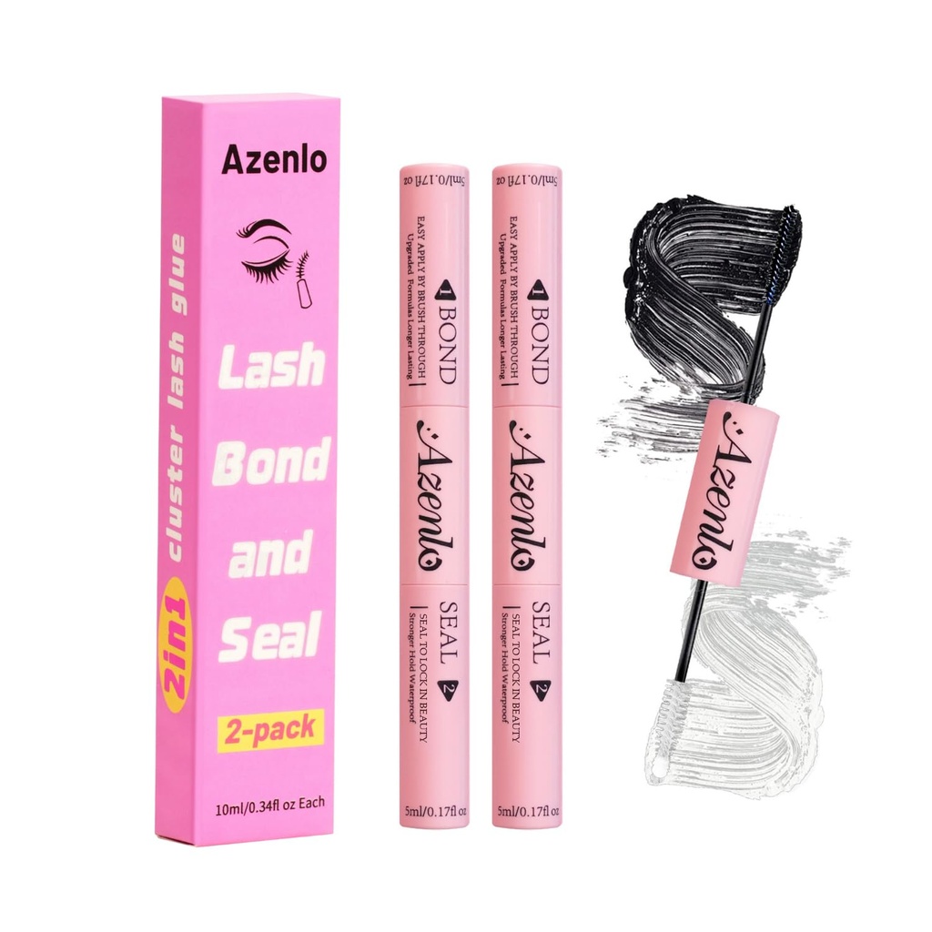 Azenlo 2-Pack Cluster Lash Bond and Seal Glue - Dual-Ended Waterproof Latex-Free Lash Adhesive for Lash Extensions, Strong Hold All-Day Wear & Effortless Application for DIY Lash Clusters