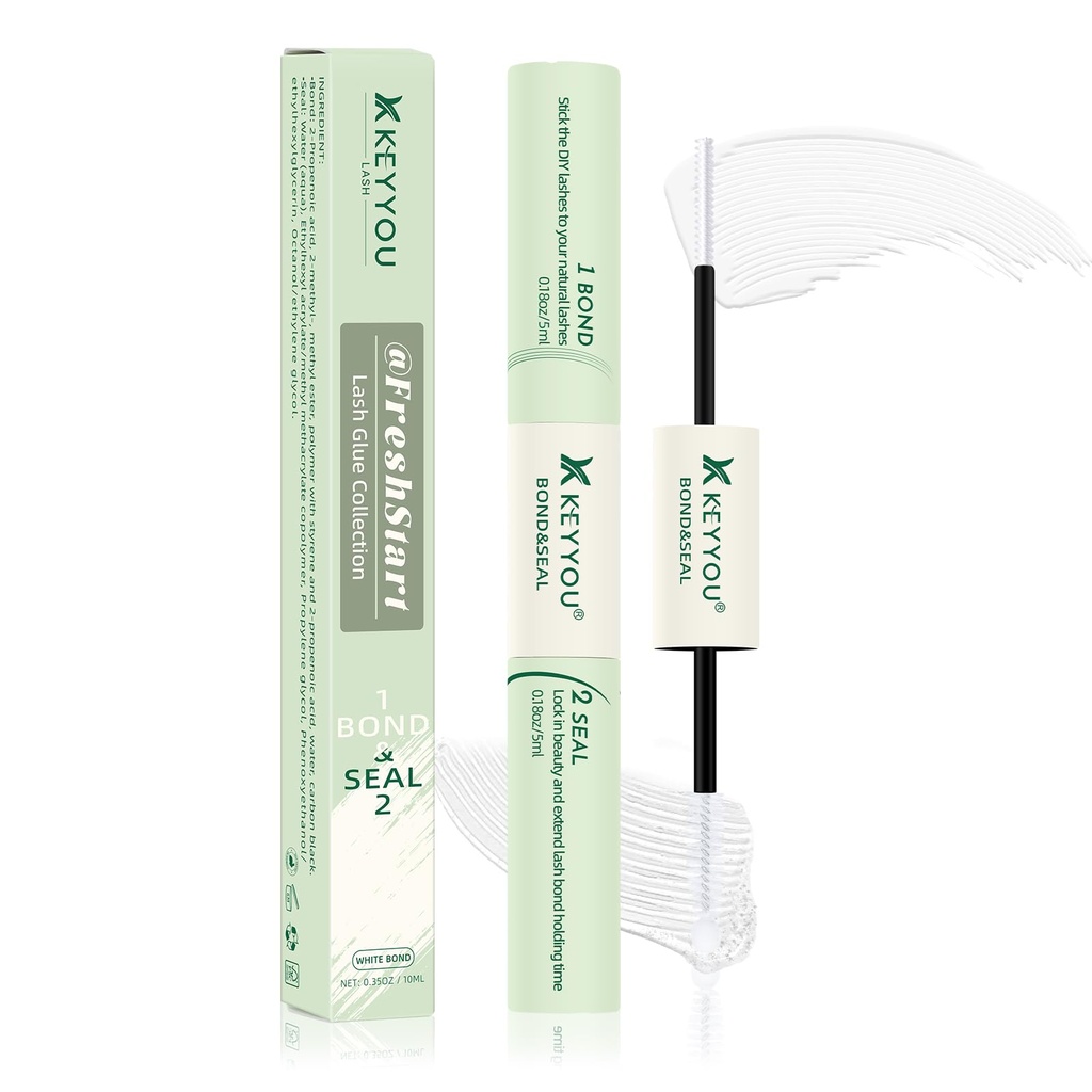 KEYYOU 10ml White Lash Glue Latex-Free Bond & Seal for Sensitive Eyes | Strong Hold 2-In-1 Bond & Seal Gentle, Non-Irritating White Glue Blends in Easily Great for travel, Parties or Daily